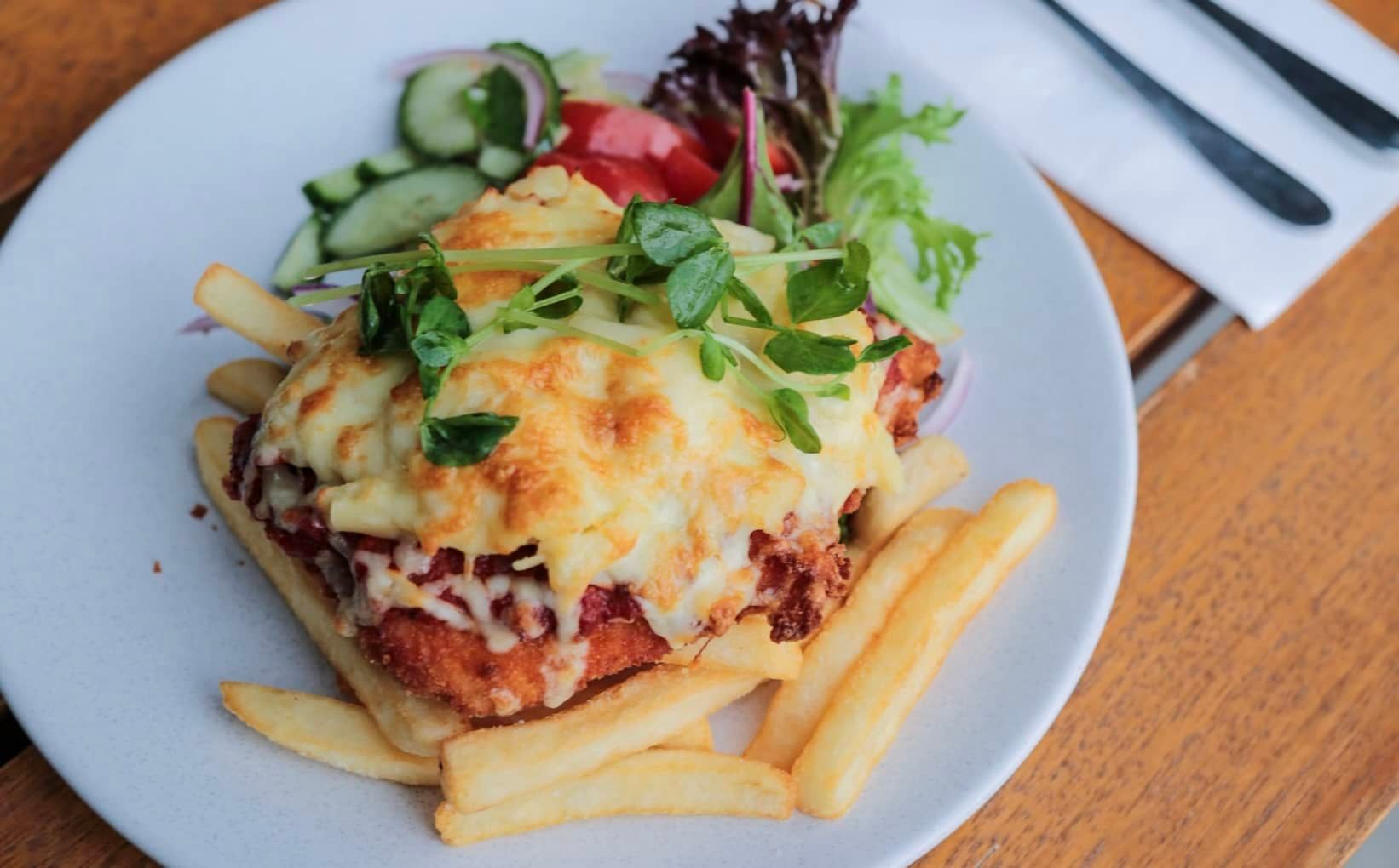 Parmy chips and salad